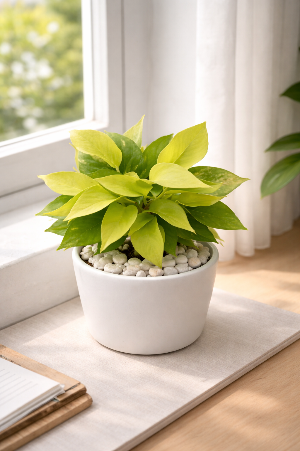 Chậu trầu bà neon trang trí bàn rất xinh